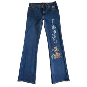 Ed Hardy Blue Boot Cut Jeans with Colorful Embroidery